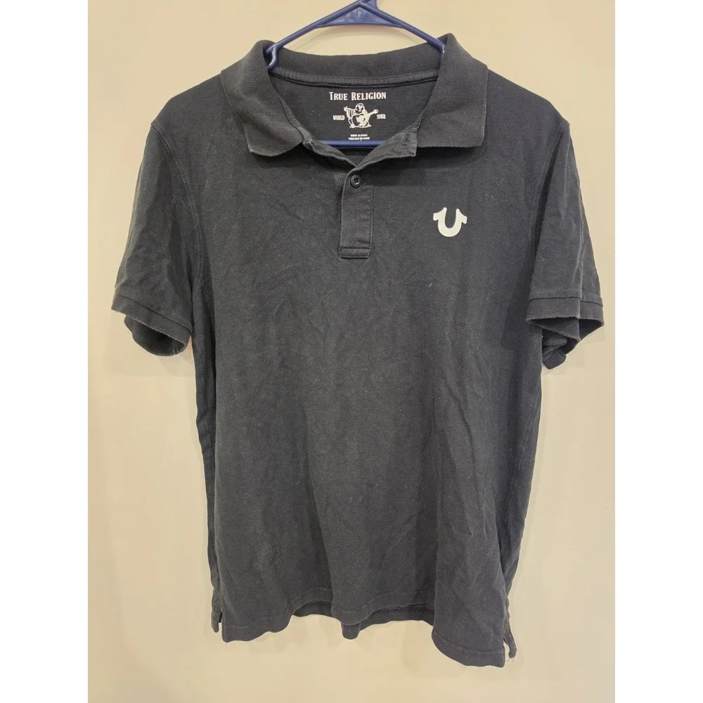 True Religion Black Polo Shirt Large Logo Graphic Short Sleeve Cotton Men's L